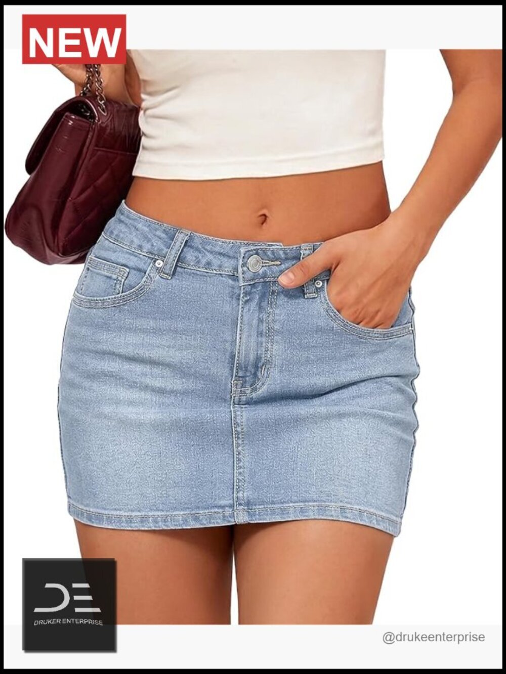 Stretchy Low Waisted Denim Mini Skirt with Pockets Zip Fly